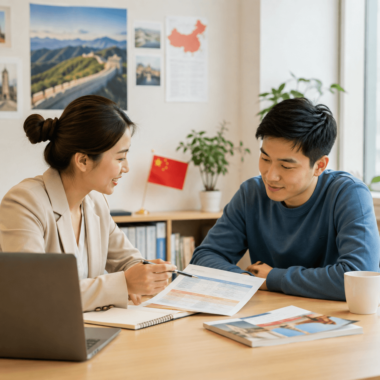 Illustrative advisor and student reviewing a study plan together