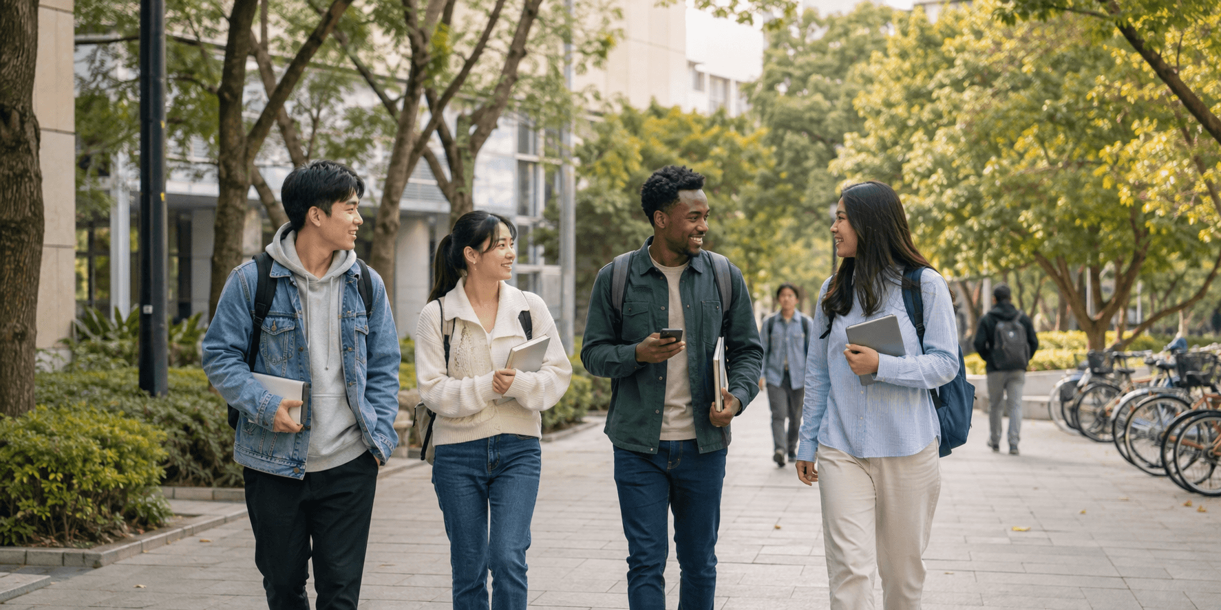 Illustrative international students walking through a campus setting