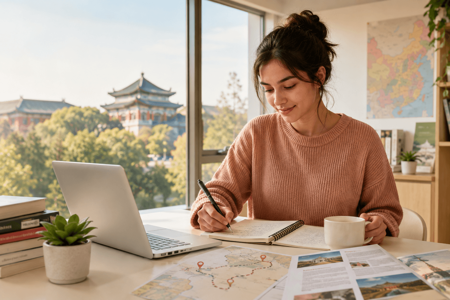 Illustrative student planning study options with a laptop and notes