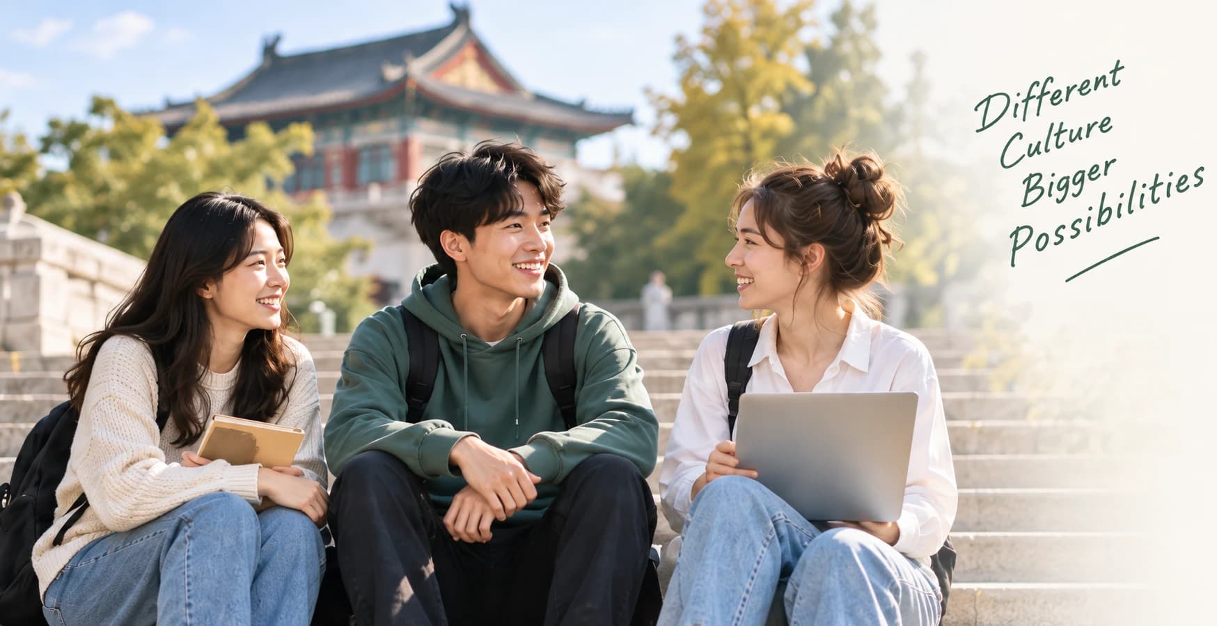 AI-generated illustration of three students talking on campus steps